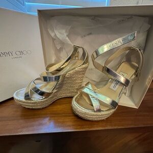 Jimmy Choo Gold/Champage Porto Platform Wedge Espadrille Sandal EU36/6